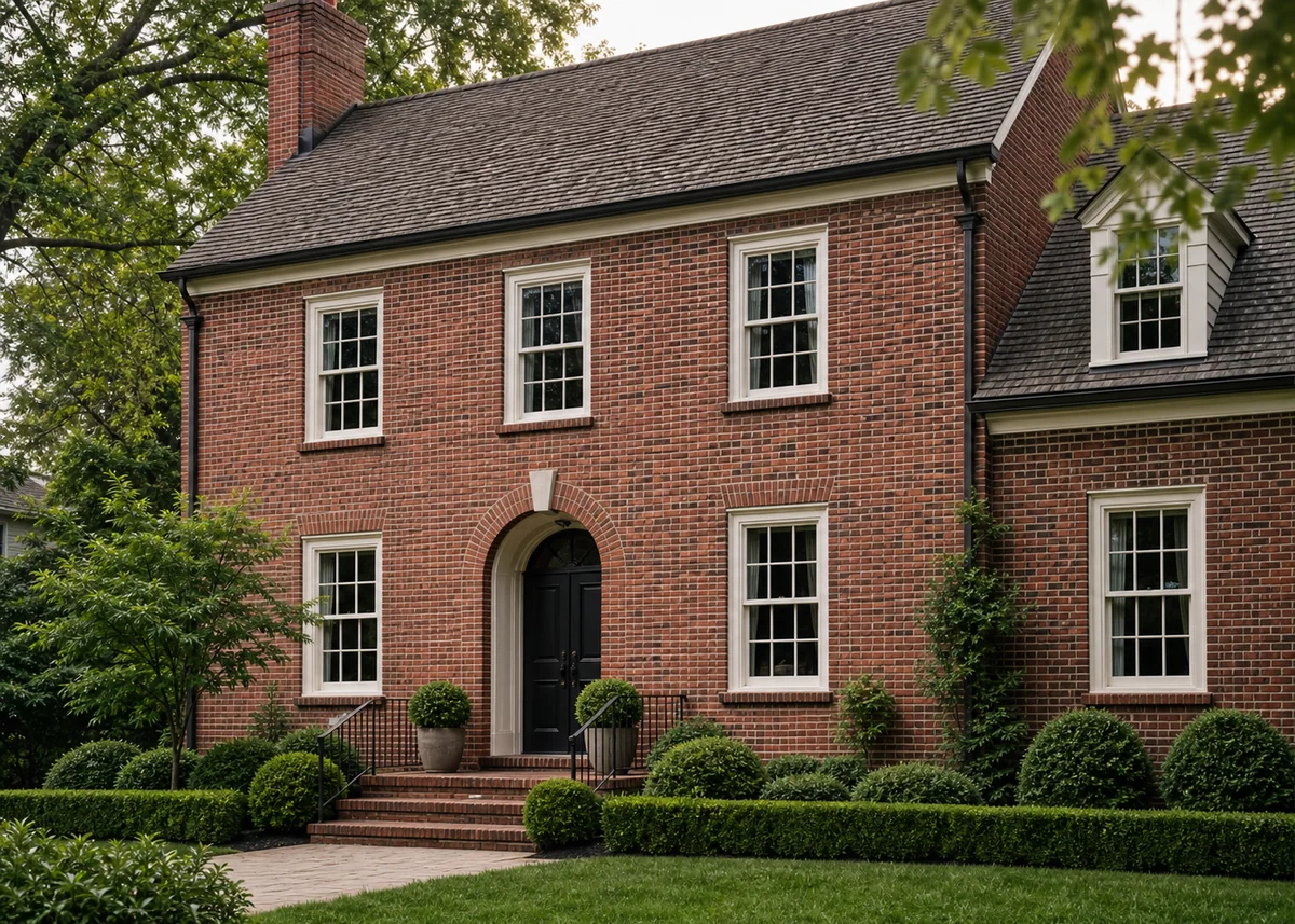 brick house front design: Classic red brick house front in Flemish bond with arched entry