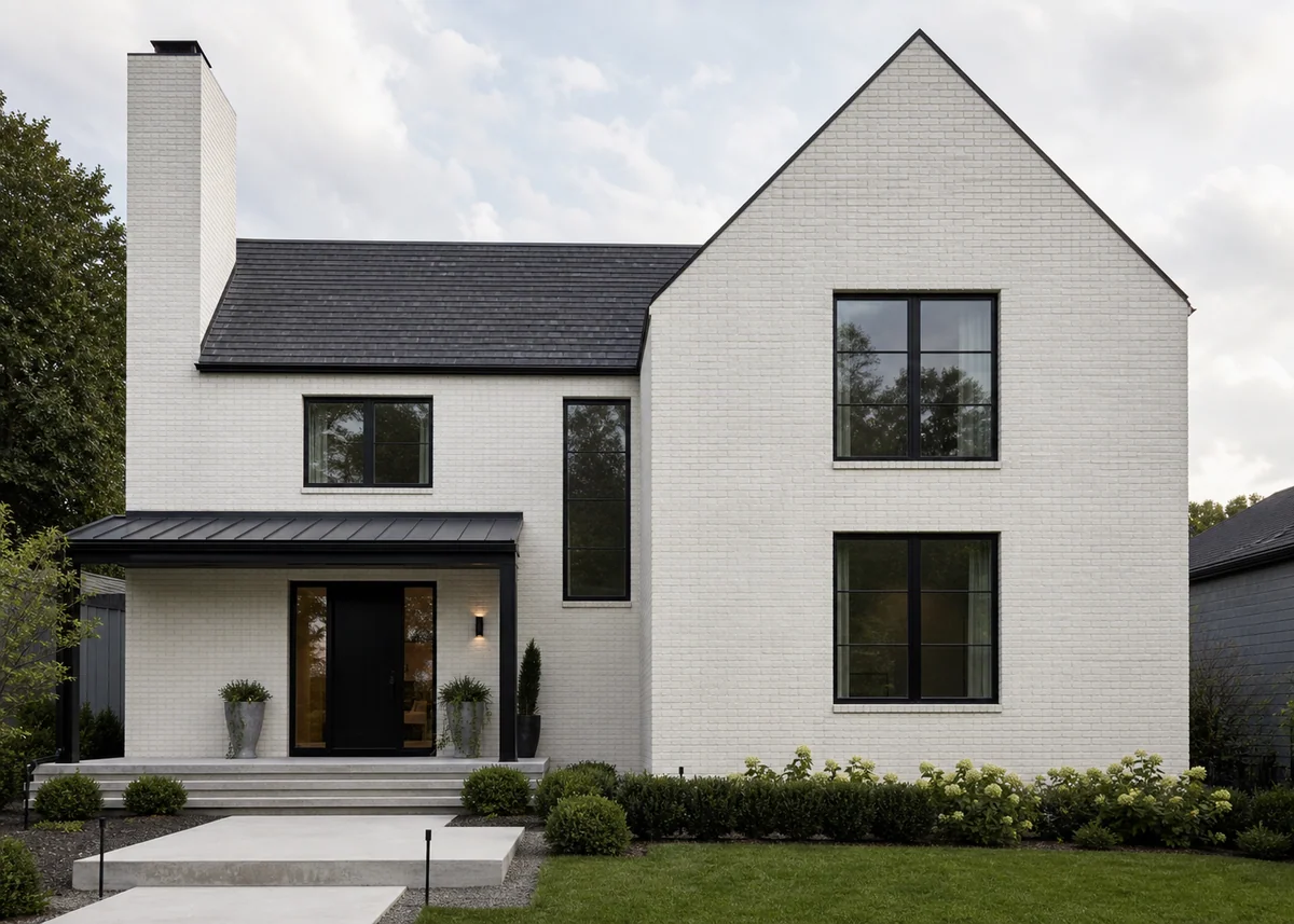 brick house front design: Modern white brick facade in stack bond with matching mortar