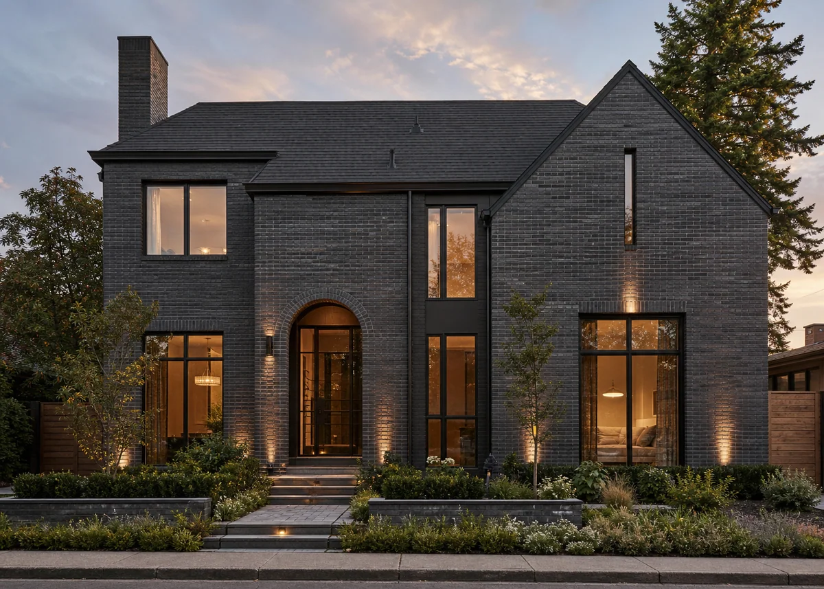 brick house front design: Charcoal Roman brick house front with bronze frames and grazing light