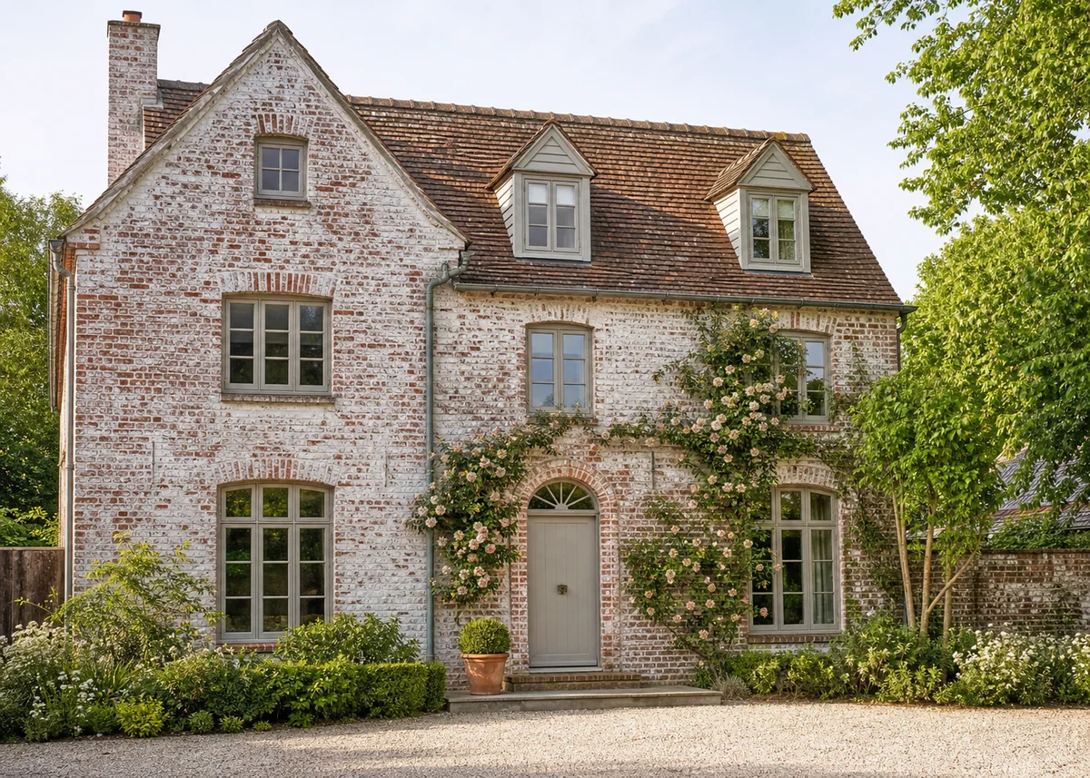 brick house front design: Limewashed brick house front with soft weathered European character