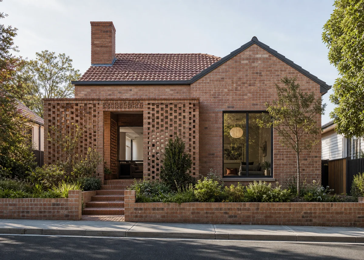 brick house front design: Contemporary brick front with hit-and-miss perforated brick screen