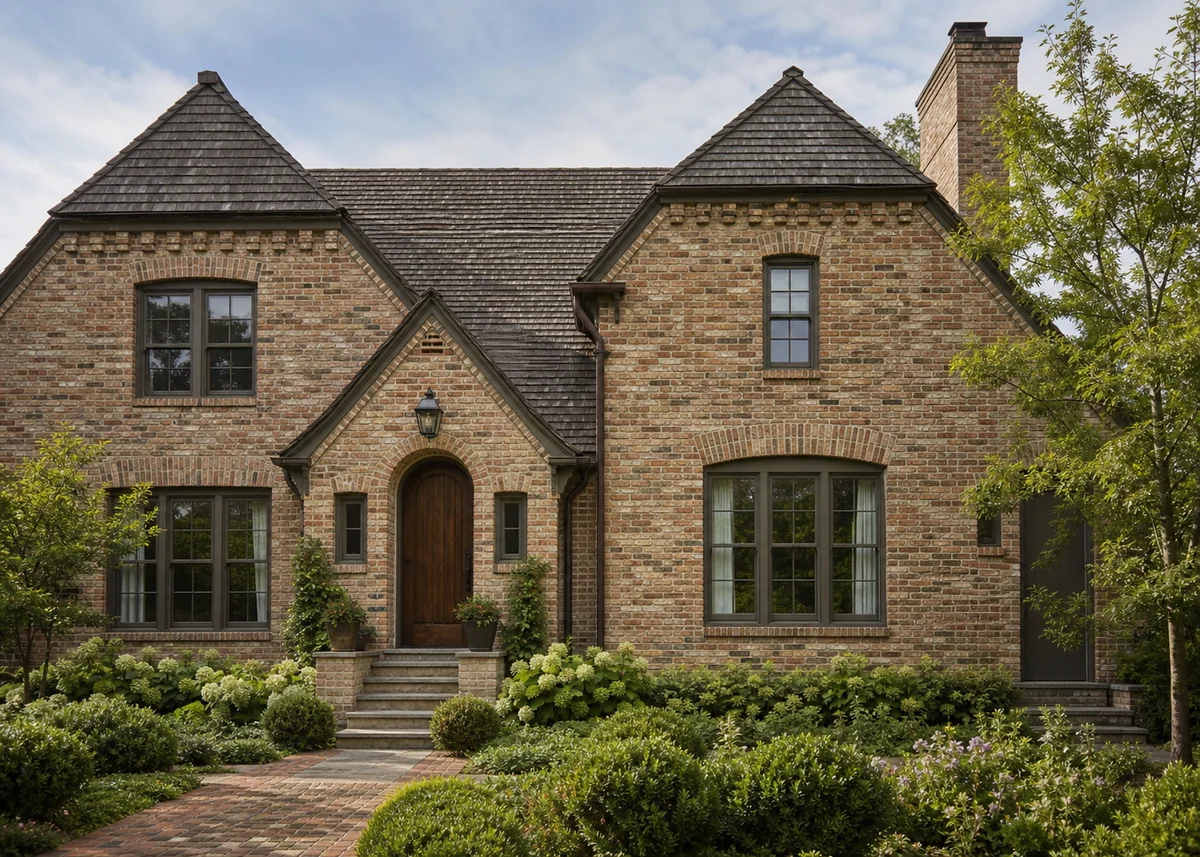 brick house front design: Handmade blend brick front with corbelled band and soldier courses