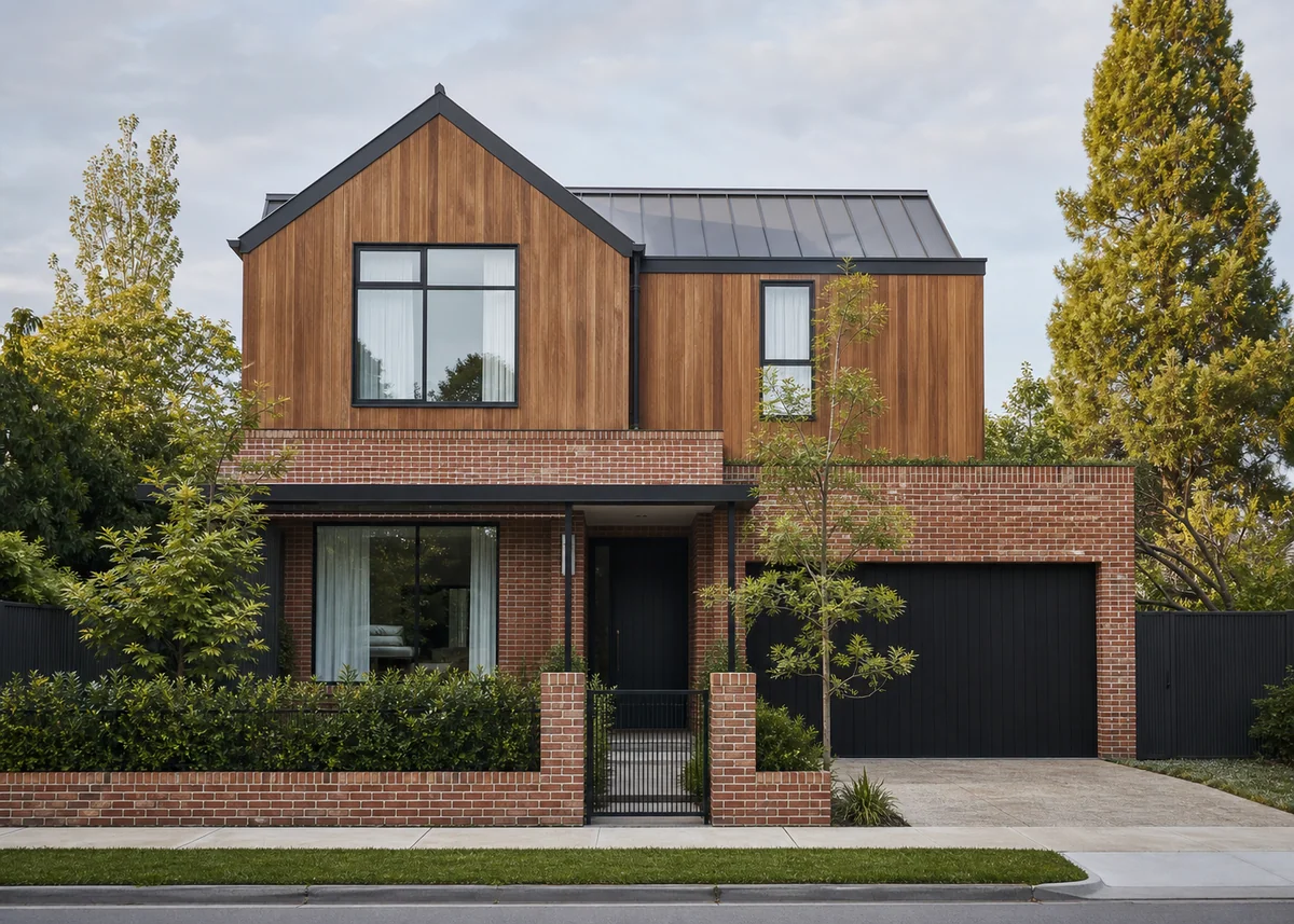 brick house front design: Mixed facade with brick ground floor and cedar-clad upper storey