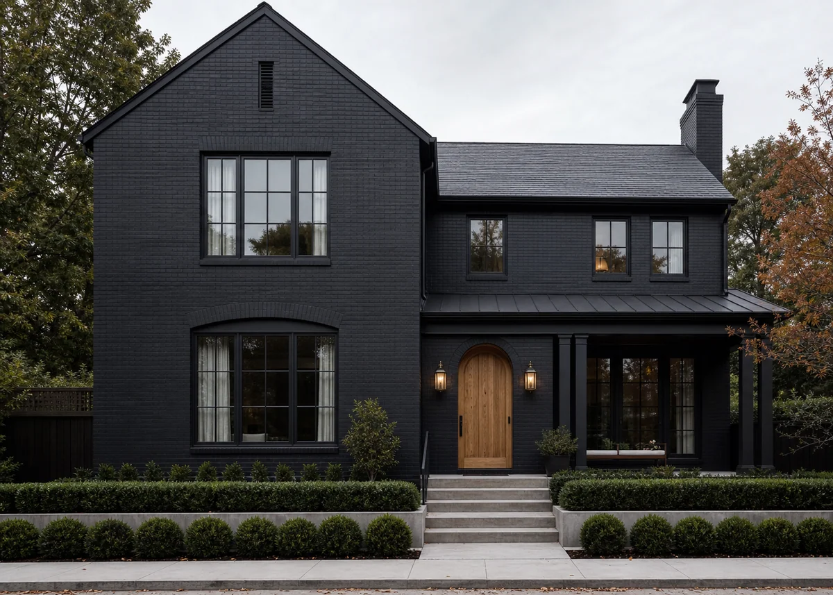 brick house front design: Black painted brick house front with timber door and brass lights