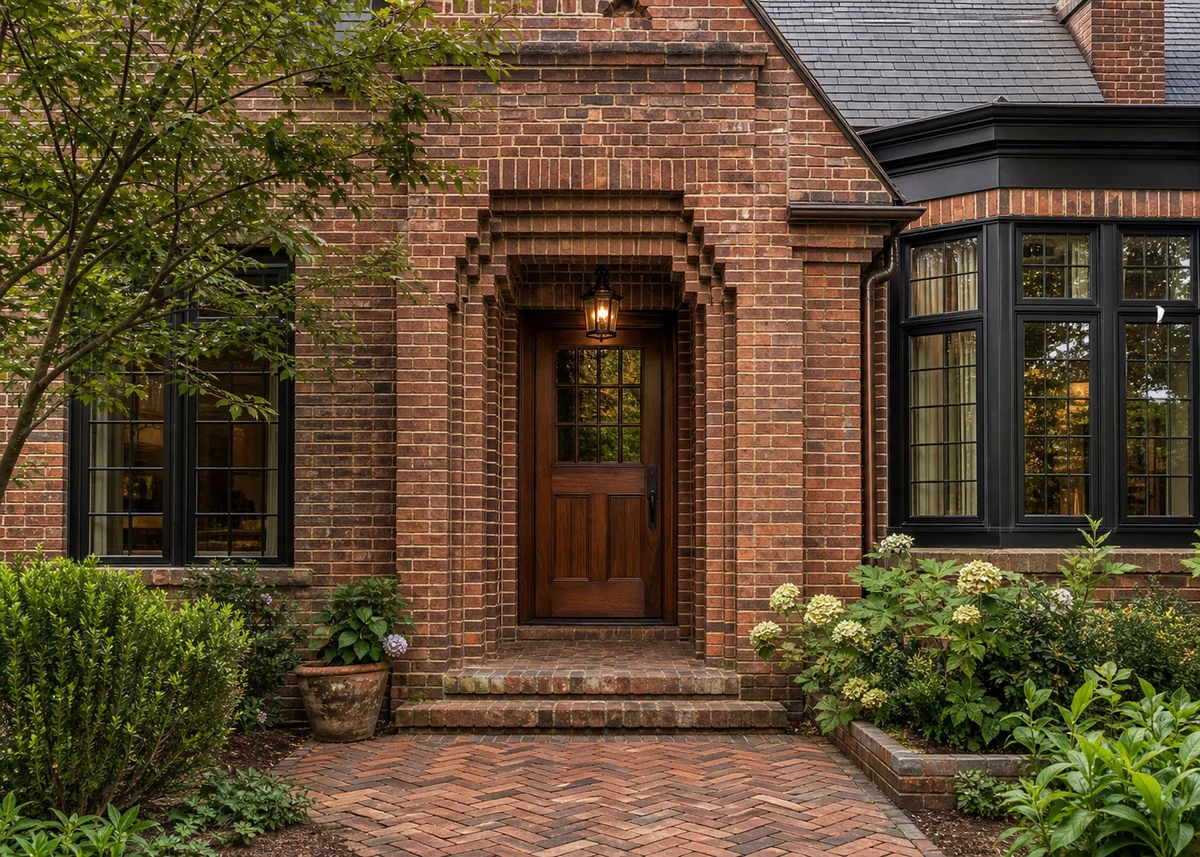 brick house front design: Corbelled brick entry surround with herringbone brick path