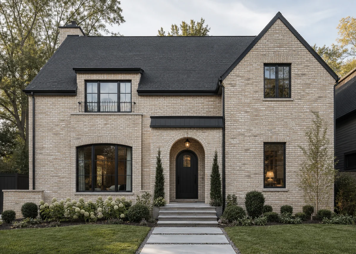 brick house front design: Buff brick house front with contrasting charcoal mortar joints