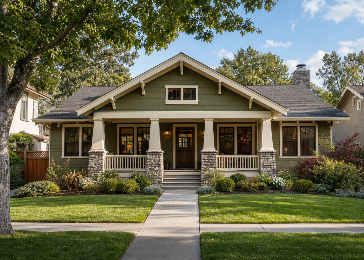 bungalow front design: Craftsman bungalow front with tapered columns on stone piers