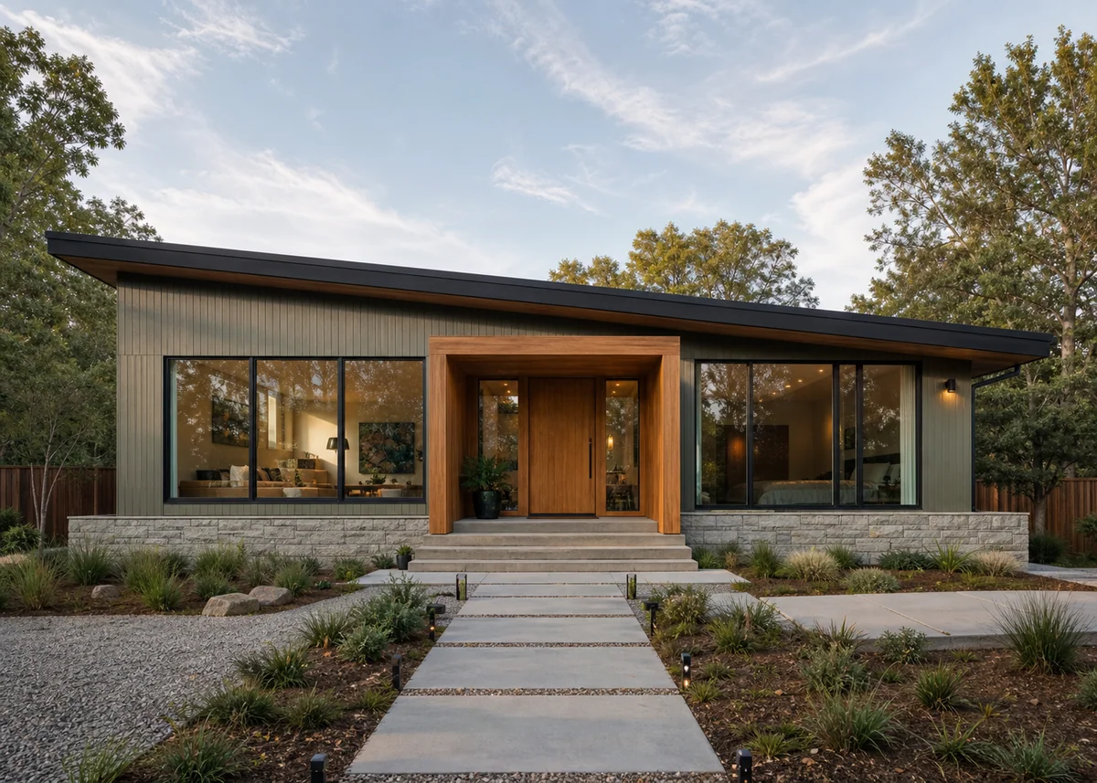 bungalow front design: Modern bungalow front with skillion roof and floor-to-ceiling glass