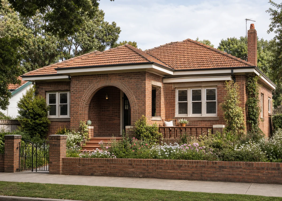 bungalow front design: Clinker brick bungalow front with arched porch and terracotta roof