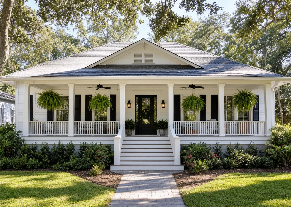 bungalow front design: White bungalow with full-width porch, ferns and wide steps