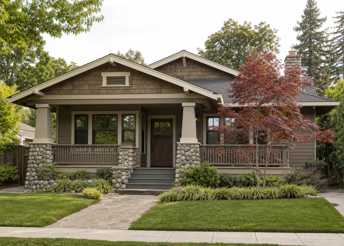 bungalow front design: California bungalow with river stone piers and shingle gable