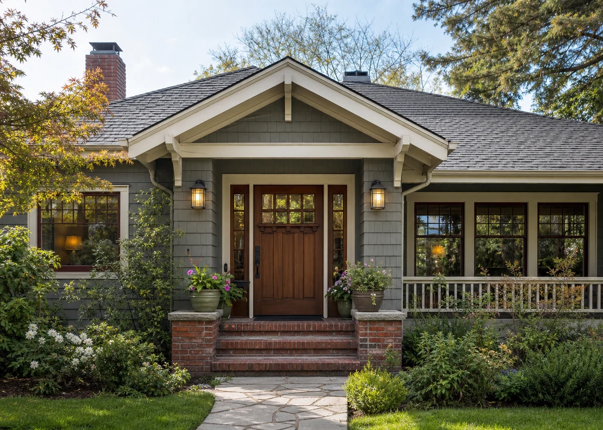 bungalow front design: Bungalow entry gable with craftsman door and twin lanterns