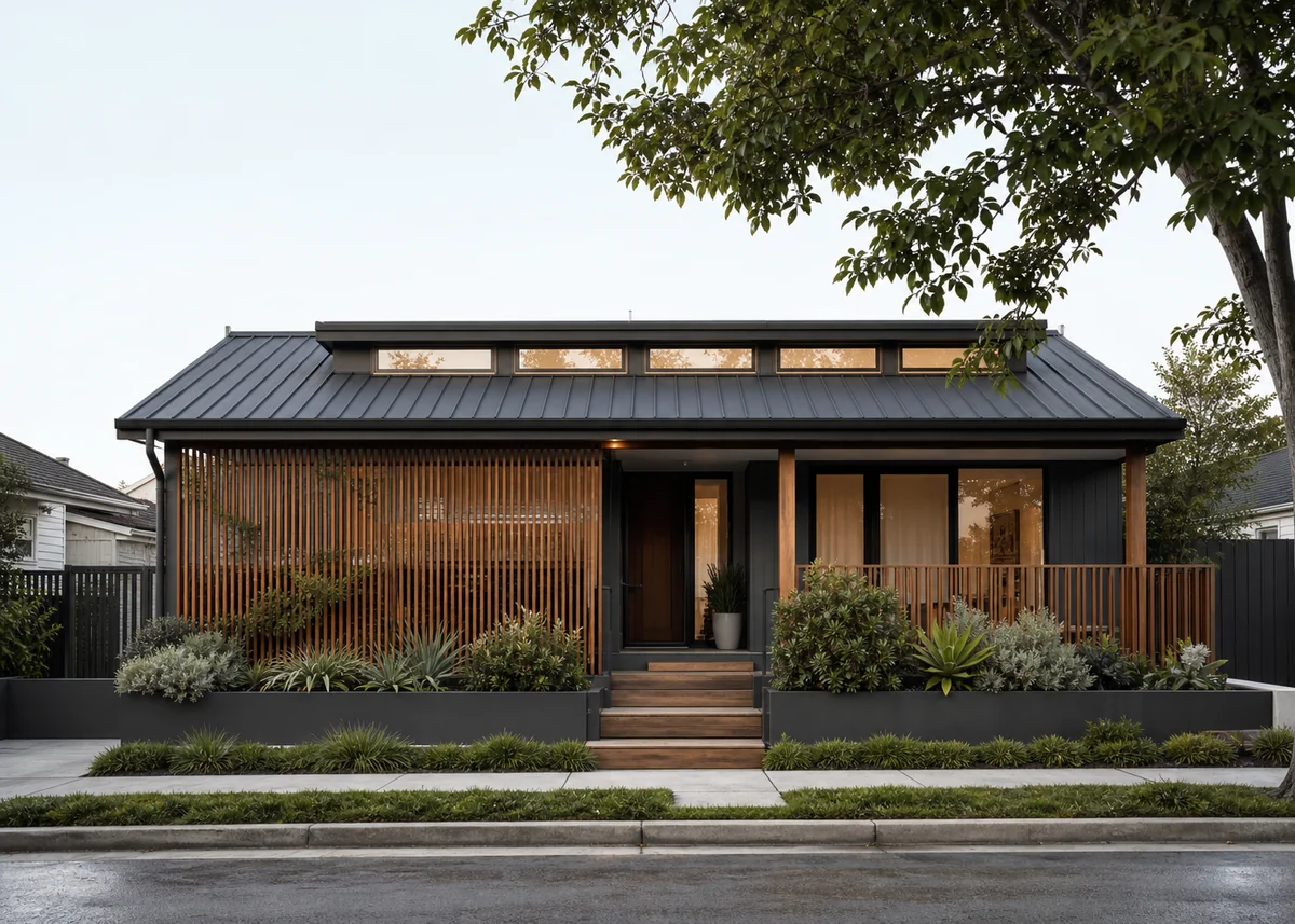 bungalow front design: Contemporary bungalow facade with timber screens and clerestory windows