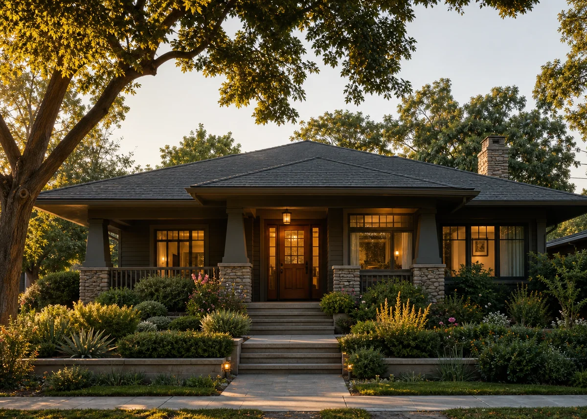 bungalow front design: Bungalow front at golden hour with deep eave shadows and layered planting