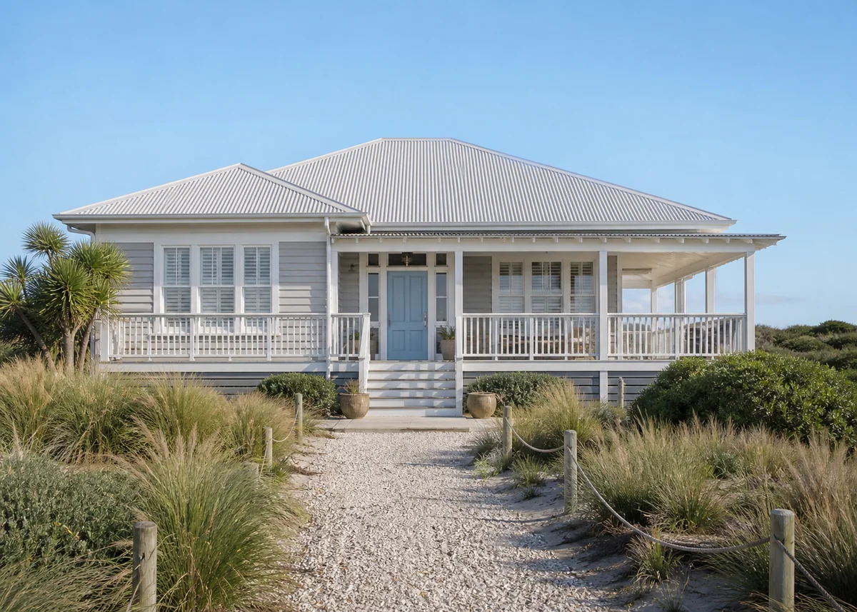 bungalow front design: Coastal bungalow front with weatherboards and pale blue door