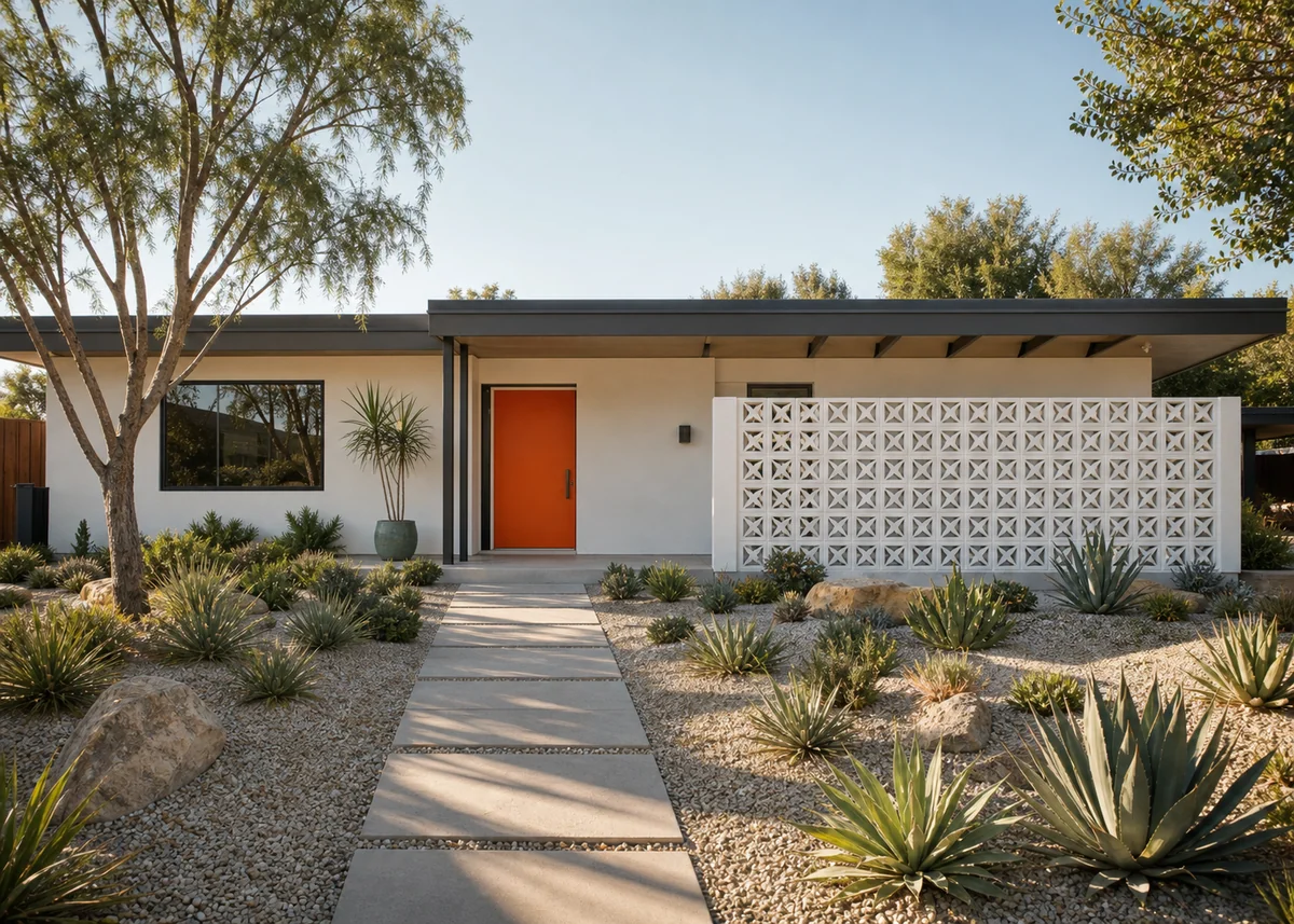 bungalow front design: Mid-century bungalow front with breeze block screen and orange door