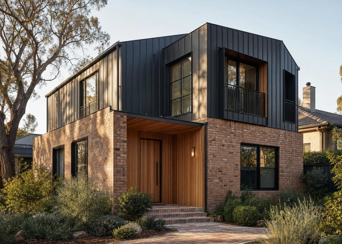 contemporary house front design: Contemporary house front mixing brick, dark metal and timber entry