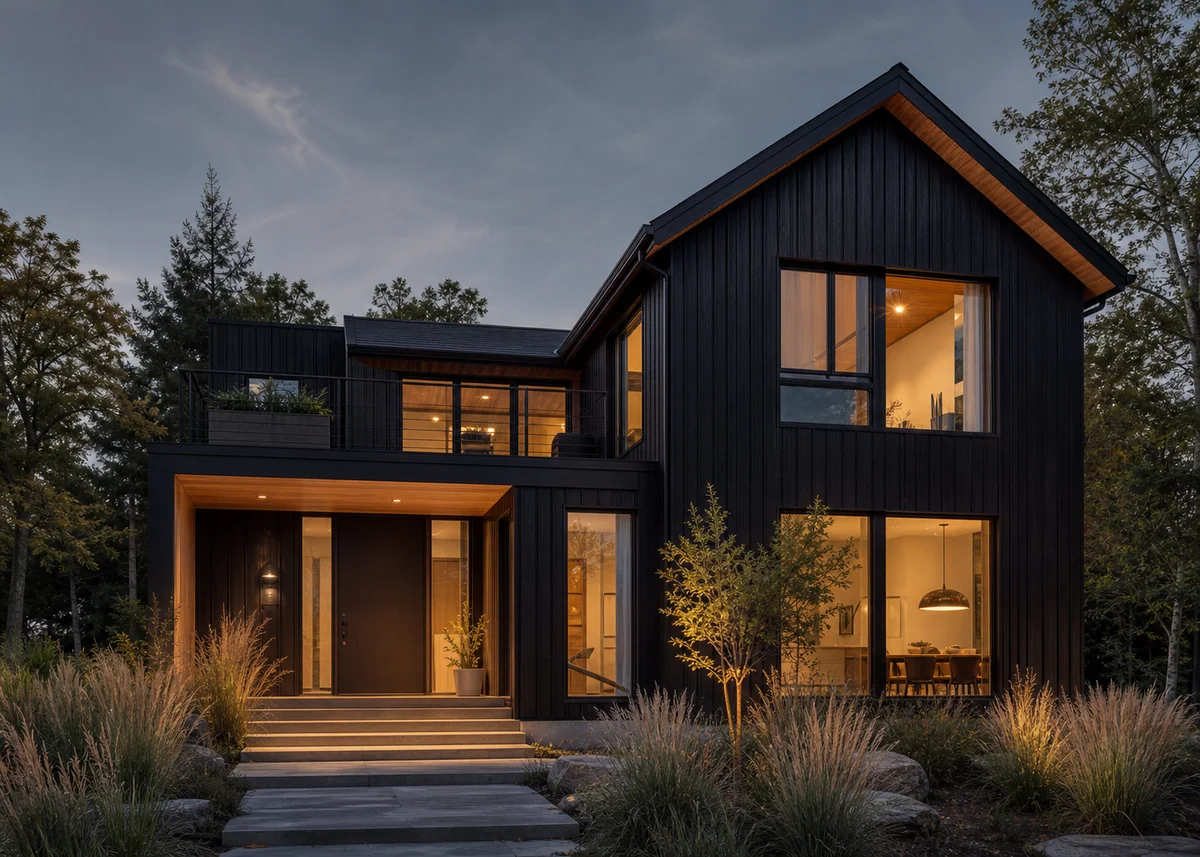 contemporary house front design: Dark contemporary house facade with black timber cladding glowing at dusk