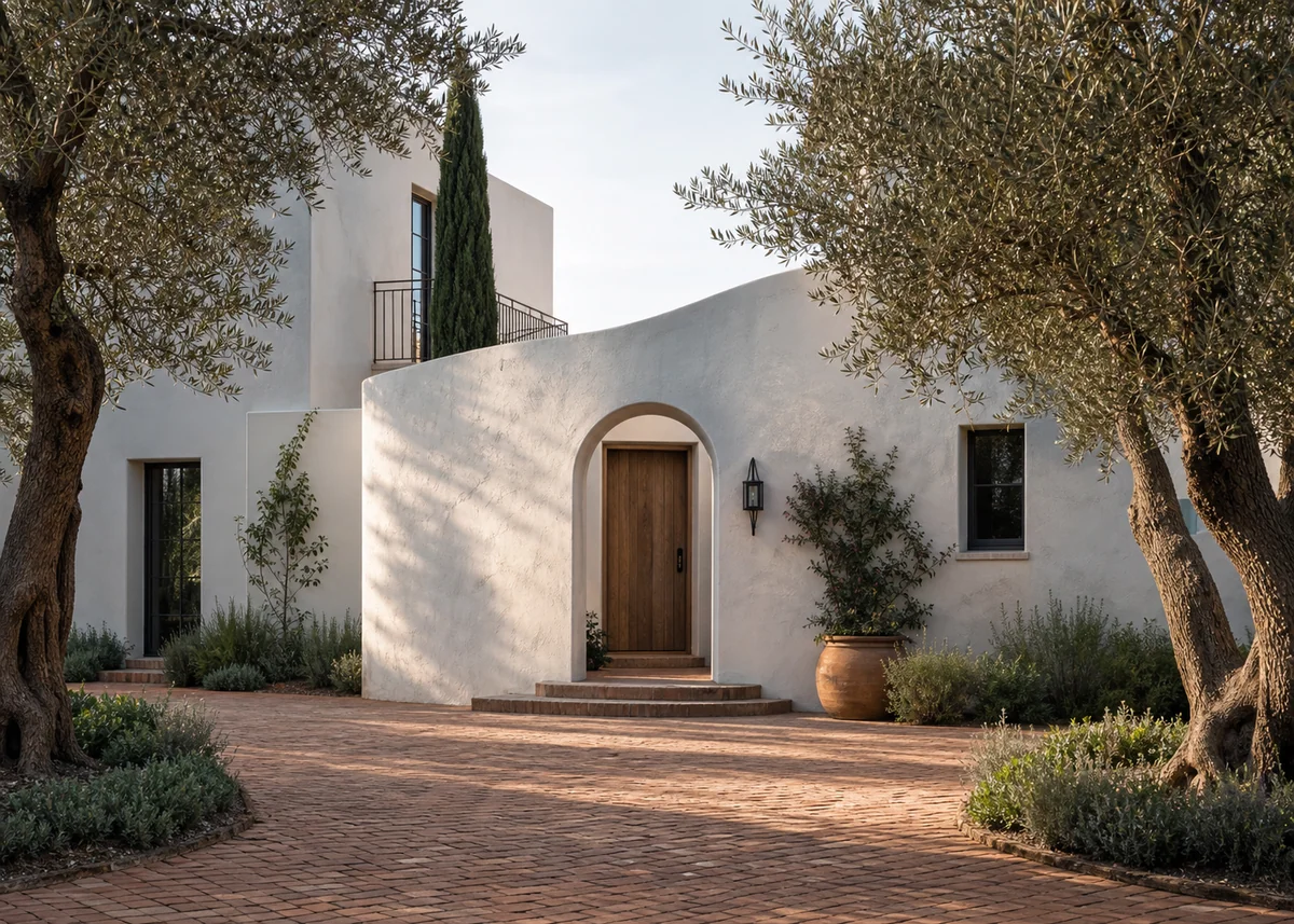 contemporary house front design: Contemporary house front with curved white entry wall and arched doorway