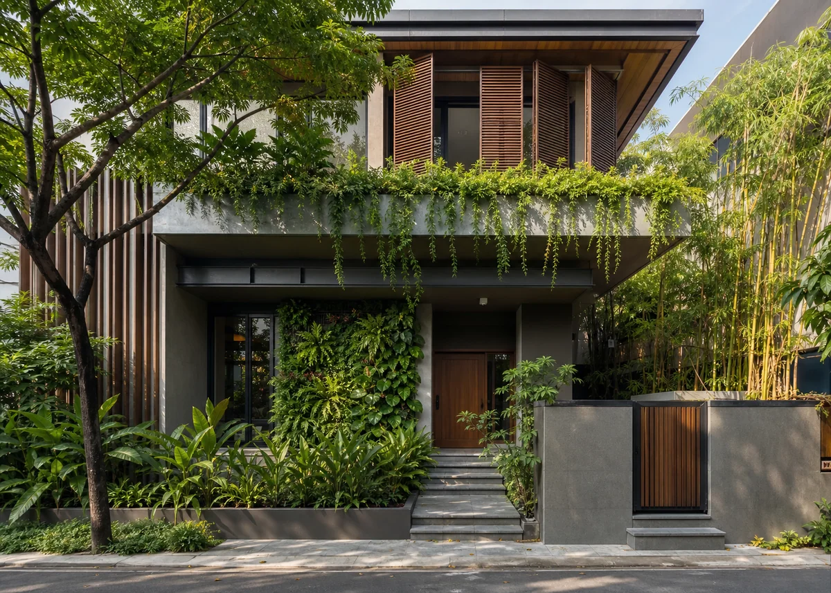 contemporary house front design: Biophilic contemporary facade with planted balconies and living wall
