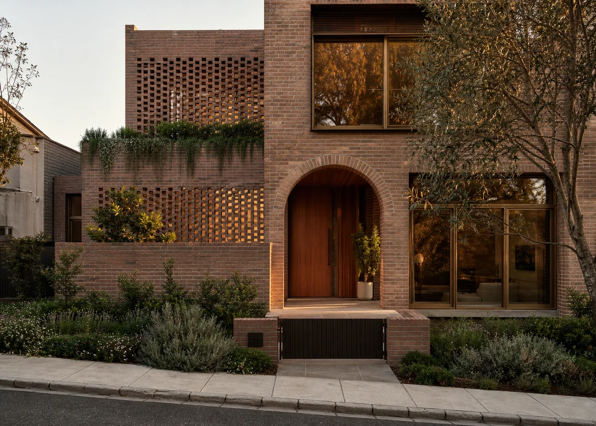 contemporary house front design: Contemporary brick house front with hit-and-miss brick screen and arched porch