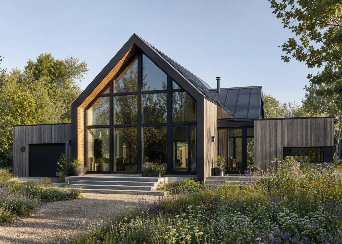 contemporary house front design: Contemporary pitched-roof house with full-height gable glazing and cedar cladding