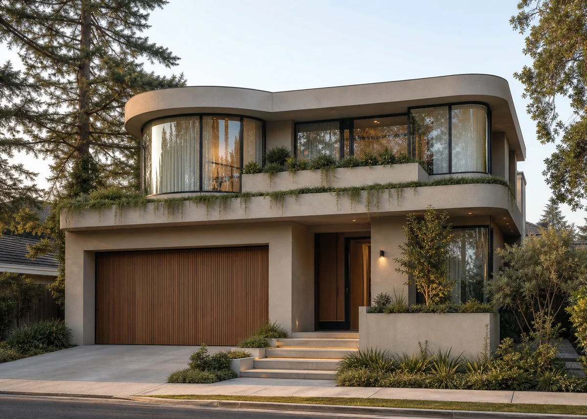 contemporary house front design: Contemporary suburban house with curved corner windows and integrated planters