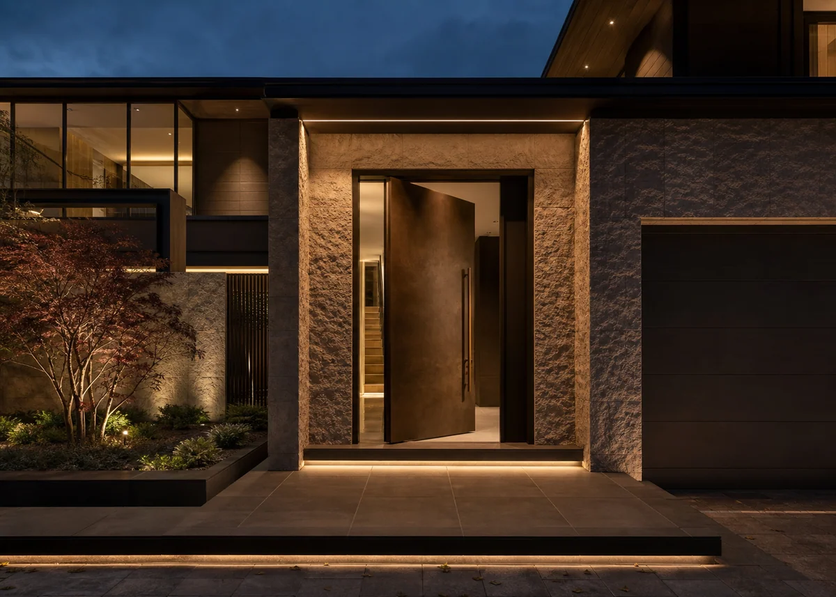contemporary house front design: Contemporary entrance with bronze pivot door and linear LED lighting