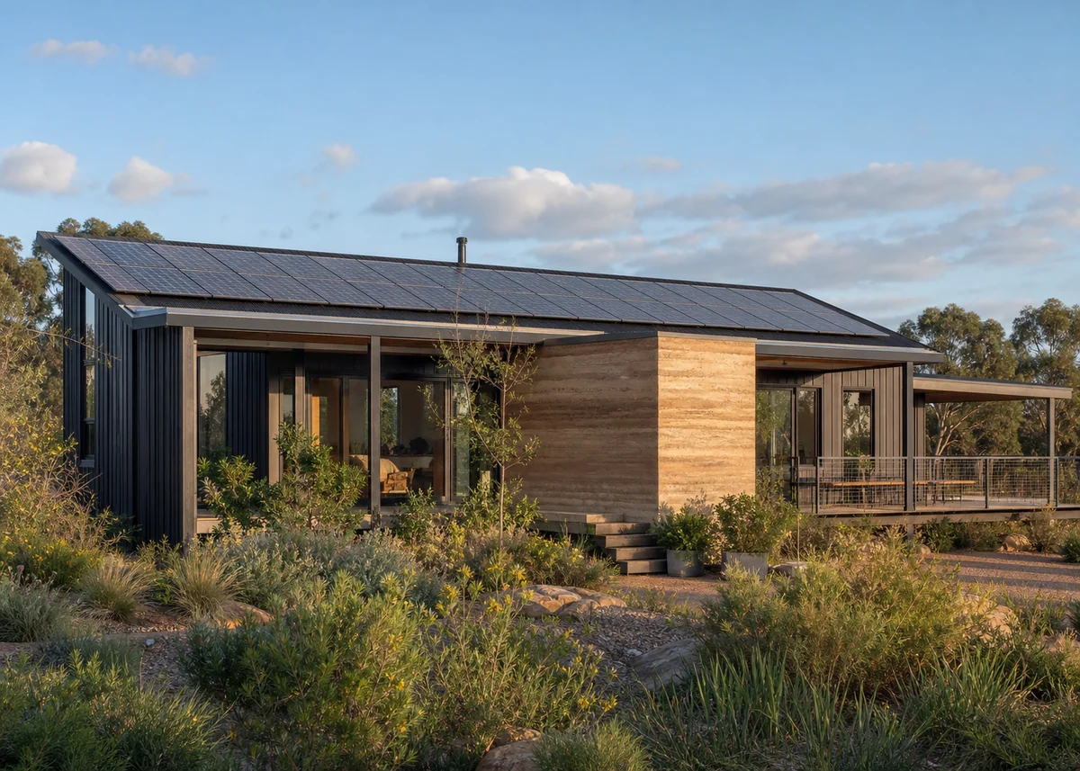 contemporary house front design: Contemporary eco house front with integrated solar roof and rammed earth wall