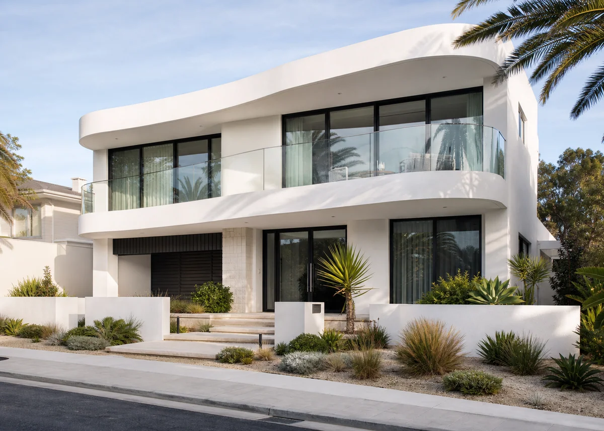 contemporary house front design: Contemporary two-storey house with curved white balconies and glass railings