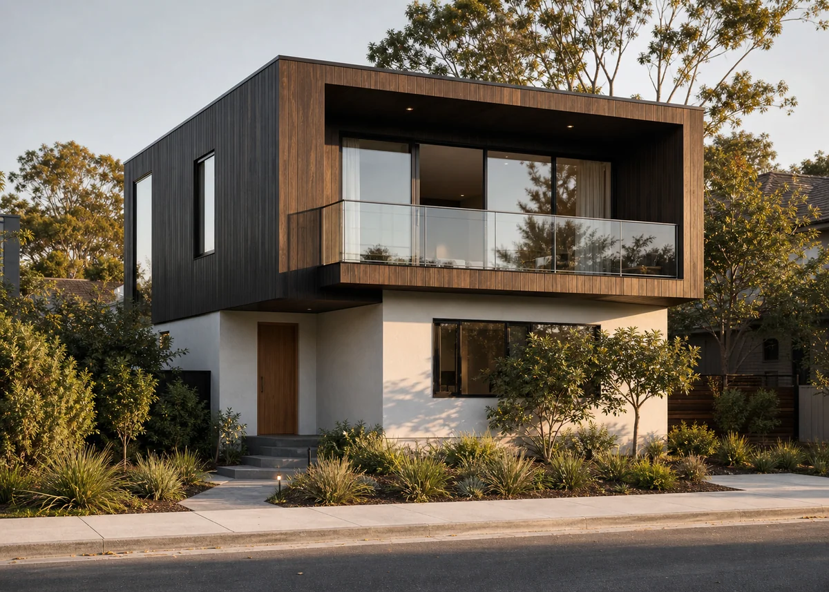 double floor house front design: Modern two-storey front with dark cantilevered upper box over light base