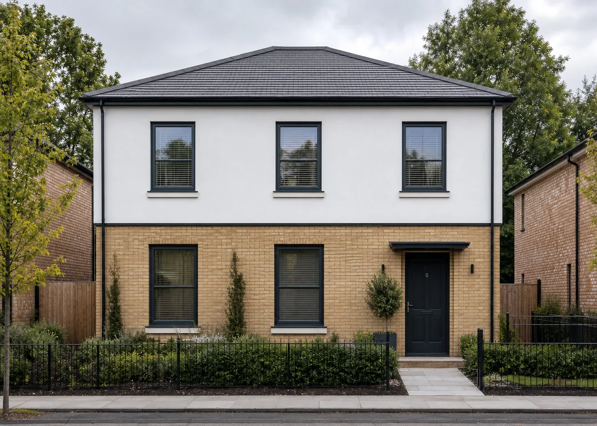 double floor house front design: Two-storey elevation with brick base, white upper and clean floor-line junction