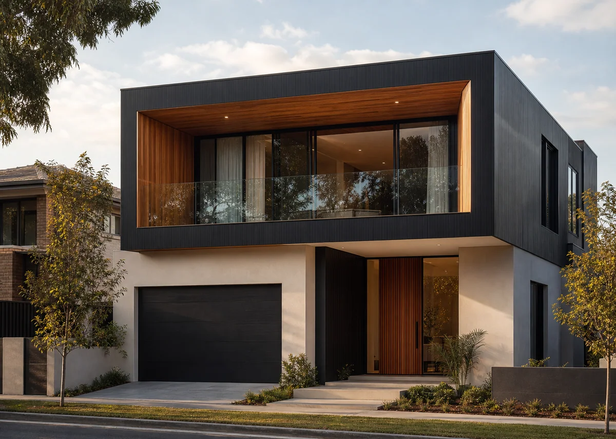 double floor house front design: Double floor house with deep recessed balcony lined in timber