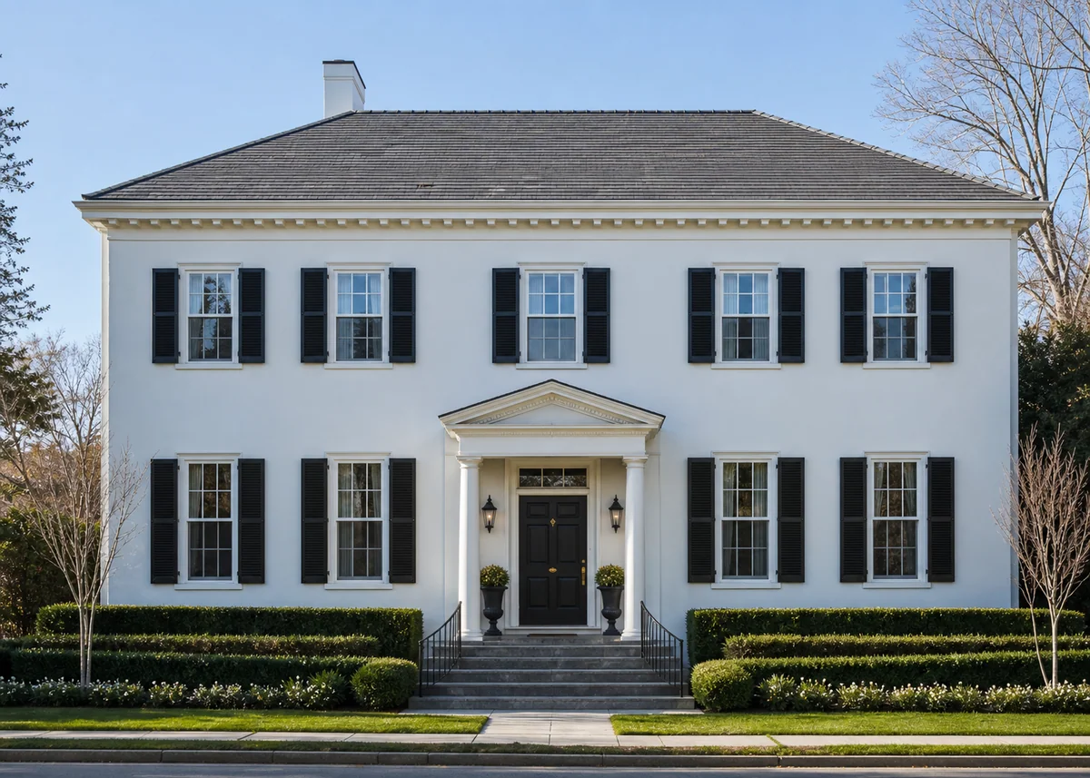double floor house front design: Two-storey house with double-height glazed entry revealing stair and pendant