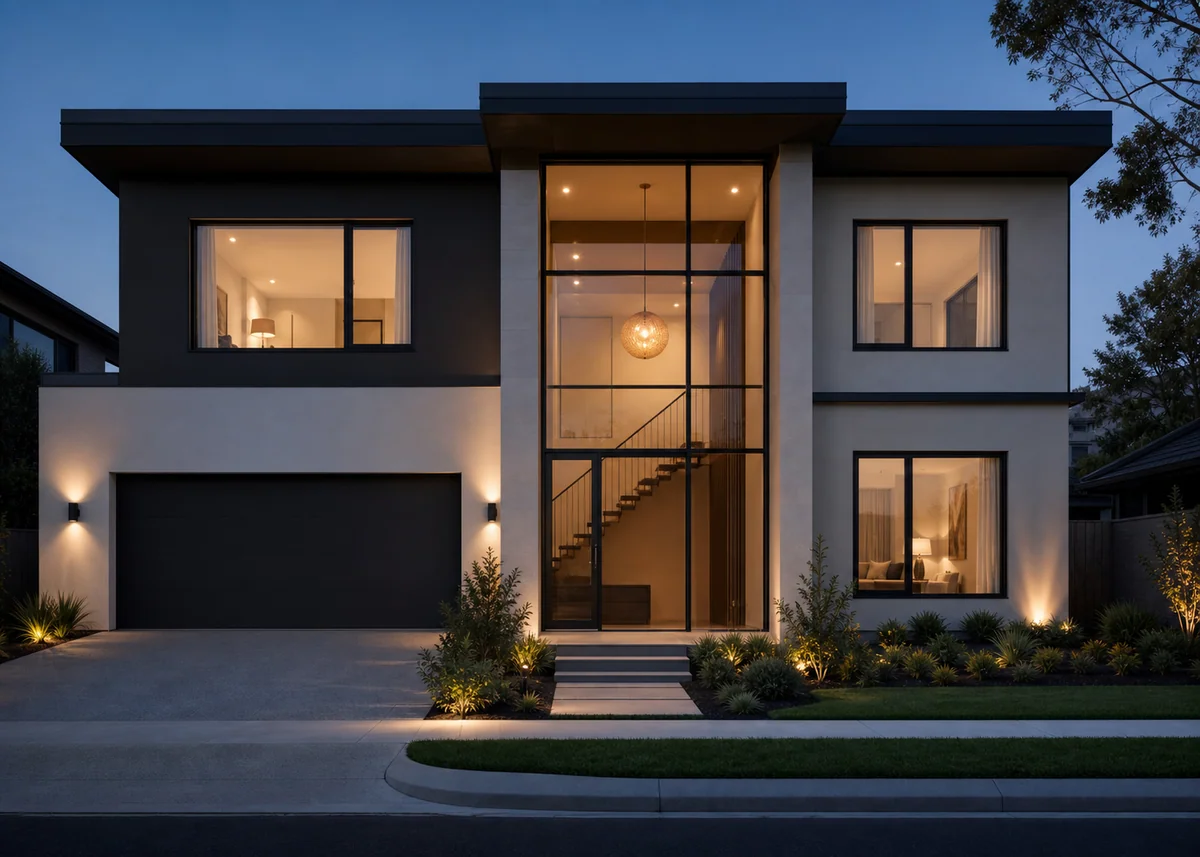 double floor house front design: Classical two-storey front with stacked symmetric windows and portico