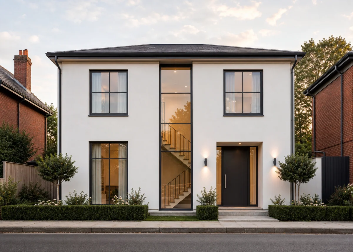 double floor house front design: Two-storey elevation with vertical stair-slot glazing across both floors