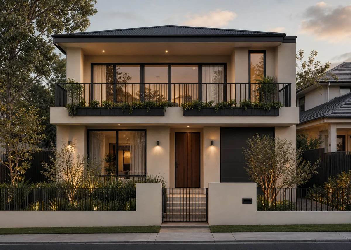 double floor house front design: Two-storey front with usable balcony, steel bar railing and planters