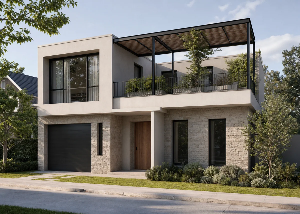 double floor house front design: Double floor facade with set-back upper level and pergola terrace