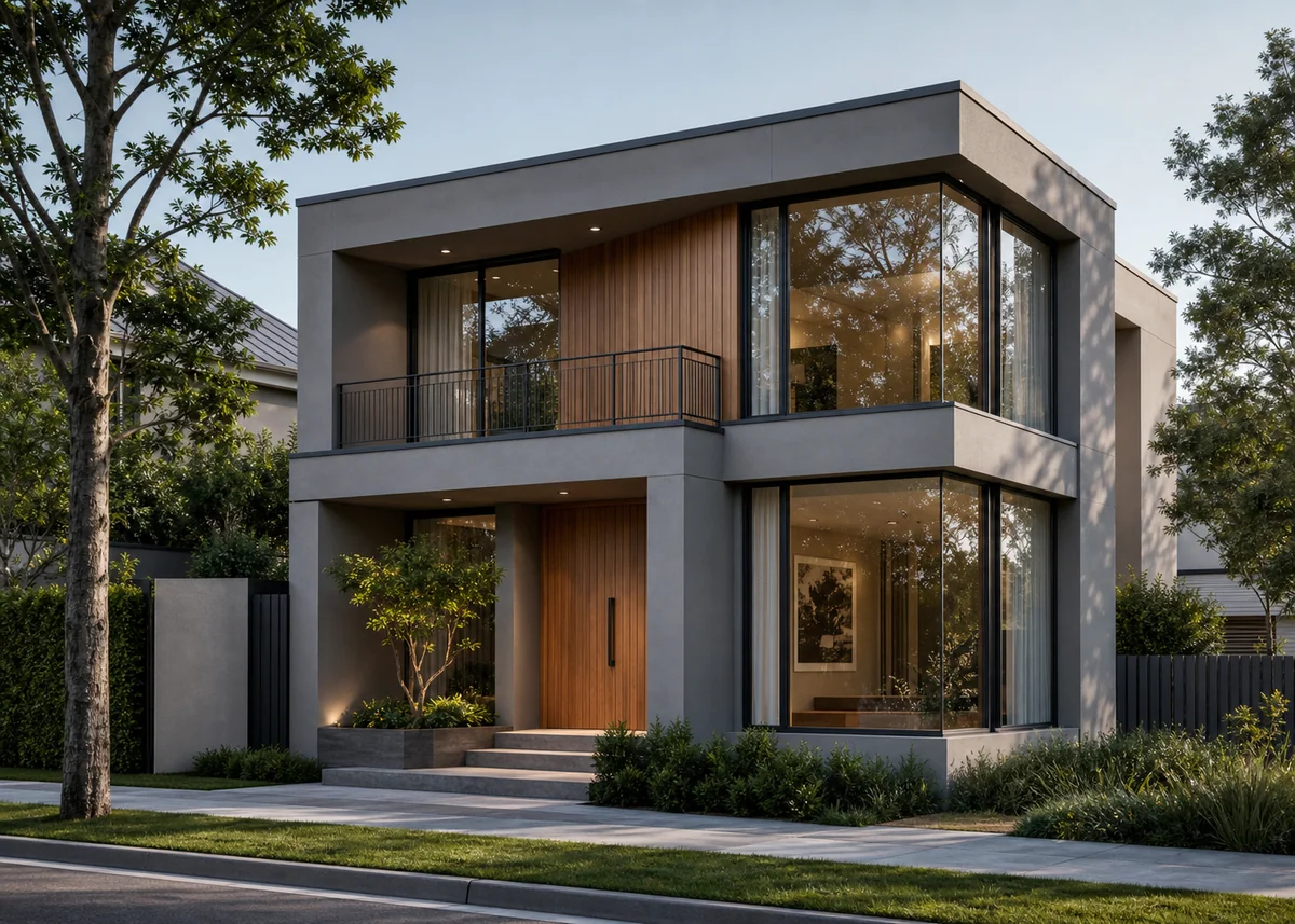 double floor house front design: Two-storey house with corner windows turning the volume at both levels