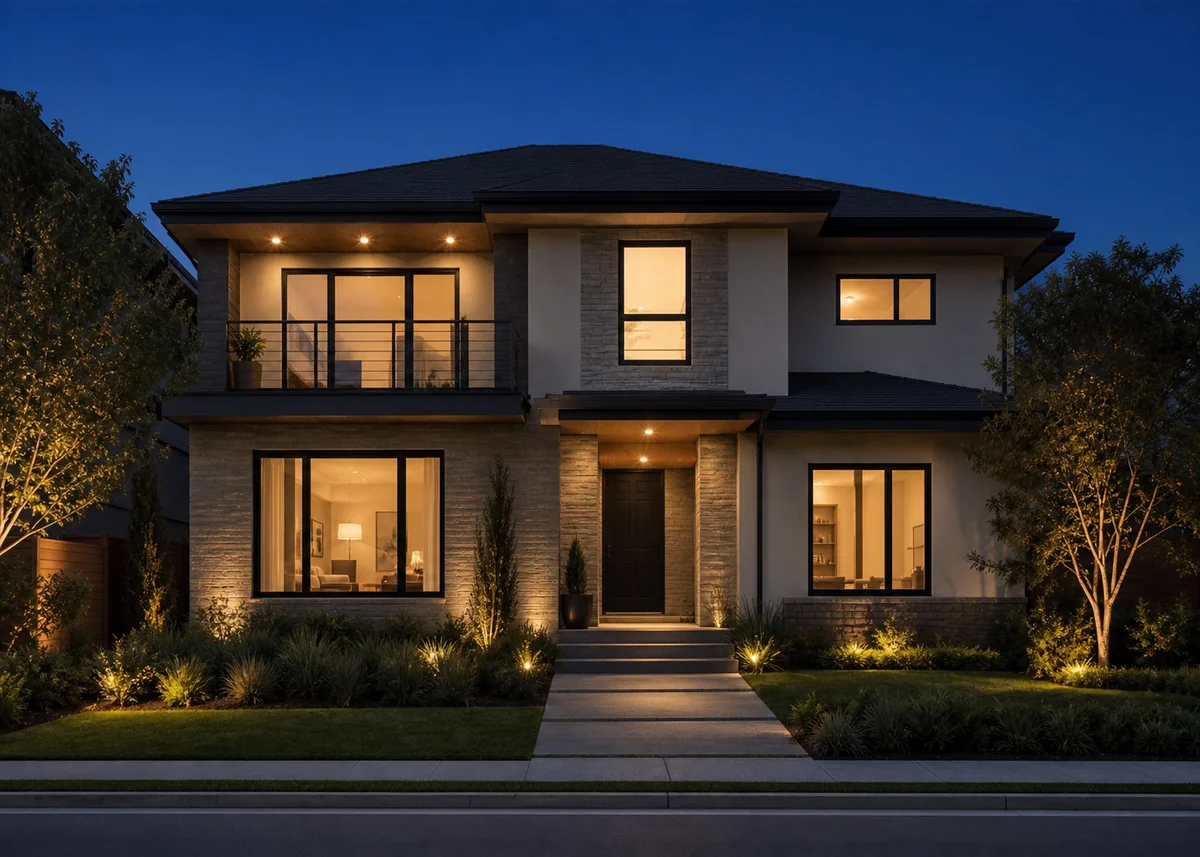 double floor house front design: Two-storey house at night with layered facade lighting