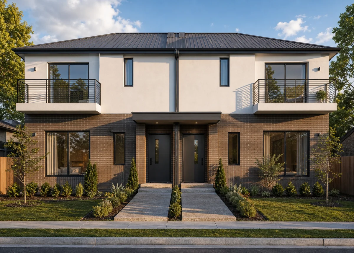 duplex house front design: Mirrored modern duplex front with centre-paired entries and staggered balconies