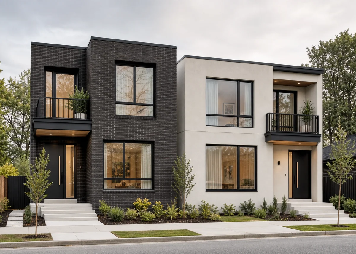 duplex house front design: Asymmetric duplex front with dark brick volume balancing recessed light unit
