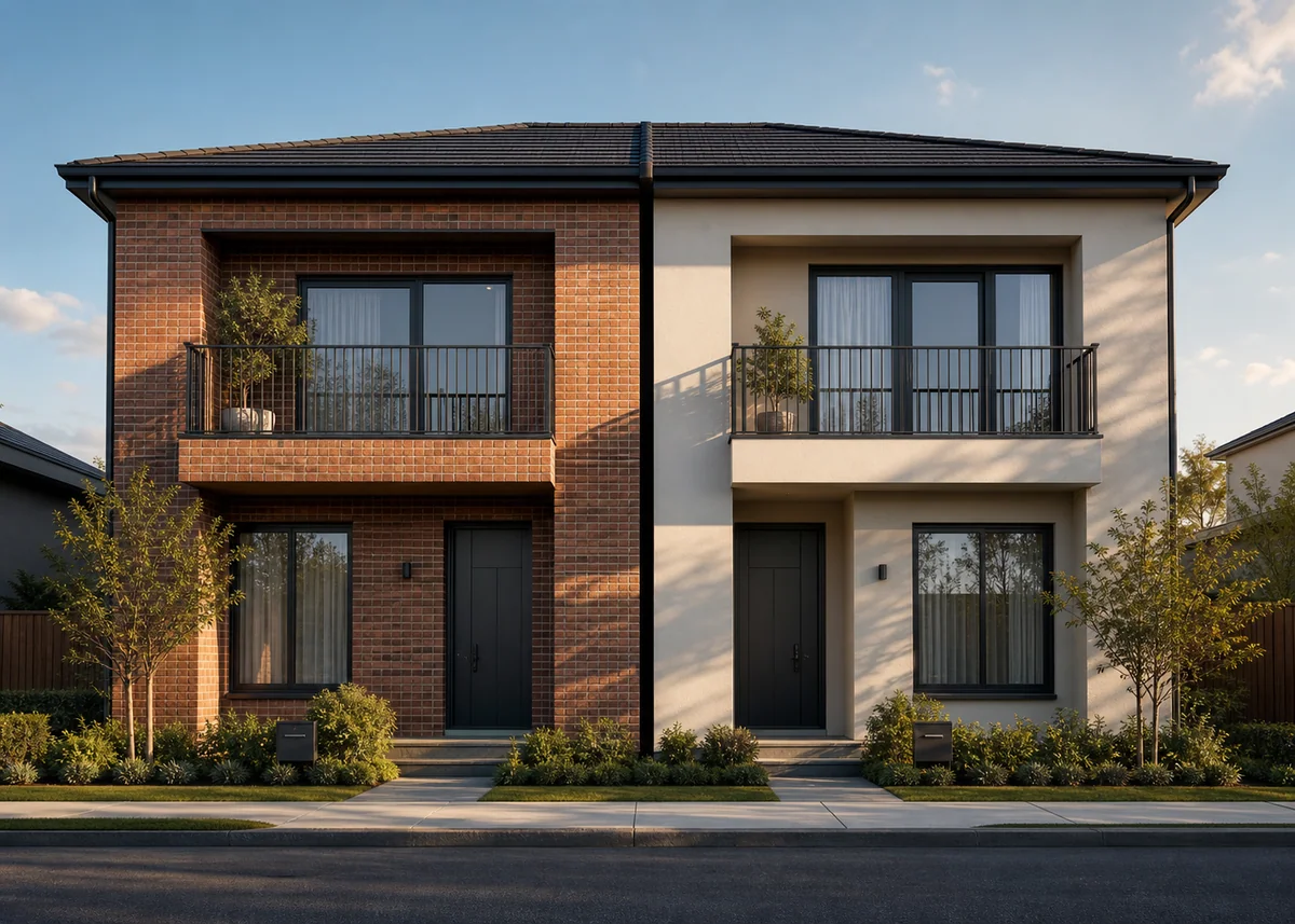 duplex house front design: Duplex with end-separated entries under one unified roof