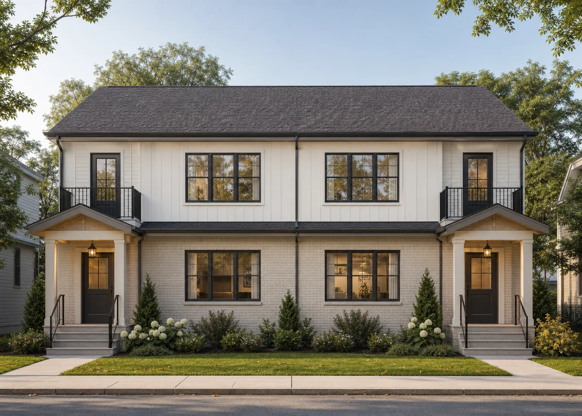 duplex house front design: Duplex facade with recessed shadow gap expressing the party wall