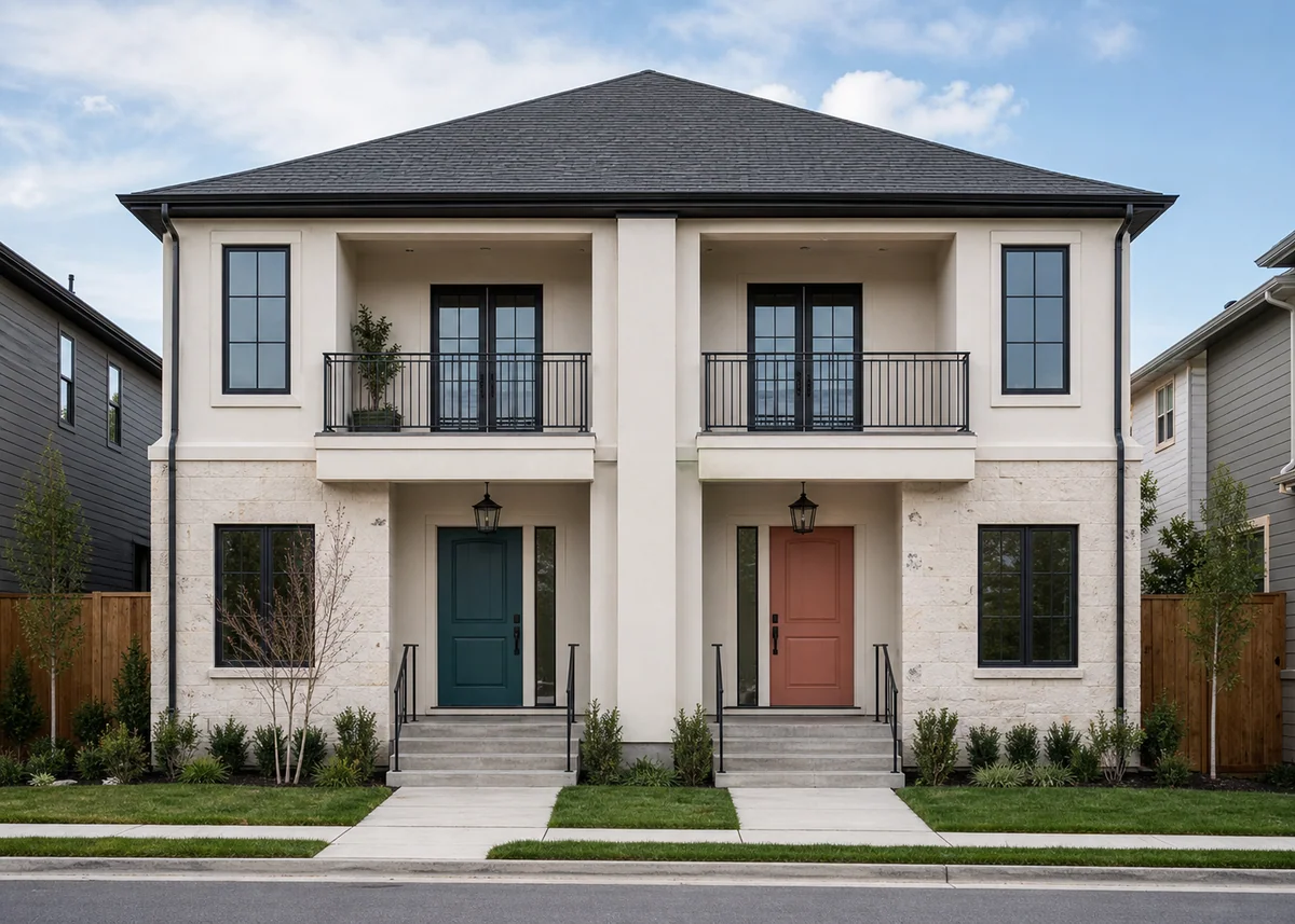 duplex house front design: Duplex entries identical except for teal and terracotta doors