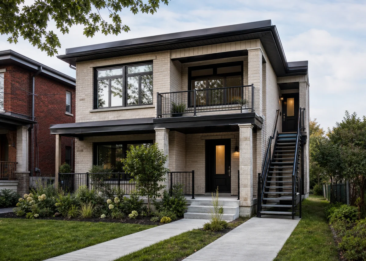 duplex house front design: Up-down duplex with garden-level entry and external stair to upper unit