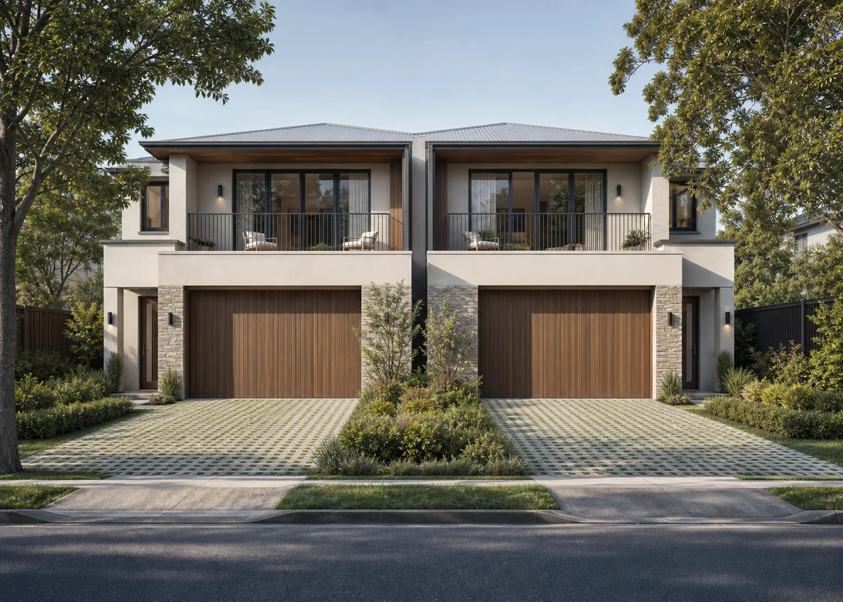 duplex house front design: Duplex frontage with planted strip between driveways and timber garage doors