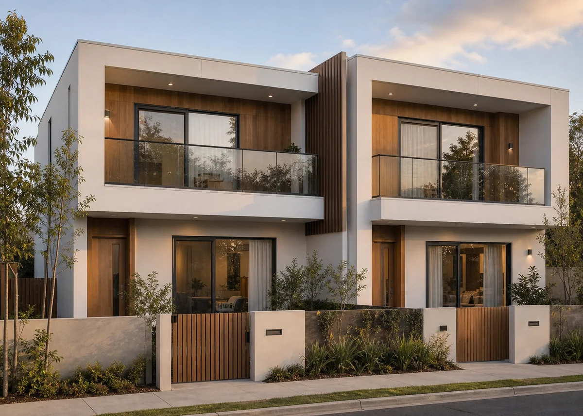 duplex house front design: Contemporary duplex with staggered balconies and privacy fins