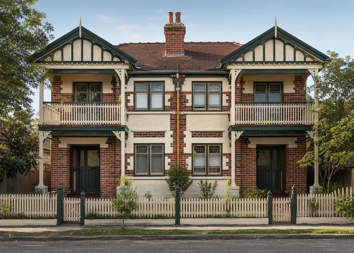 duplex house front design: Classic symmetrical duplex with twin gables and heritage palette