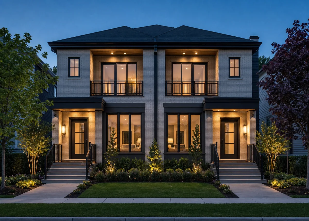 duplex house front design: Duplex at dusk with both entries warmly lit and clearly numbered